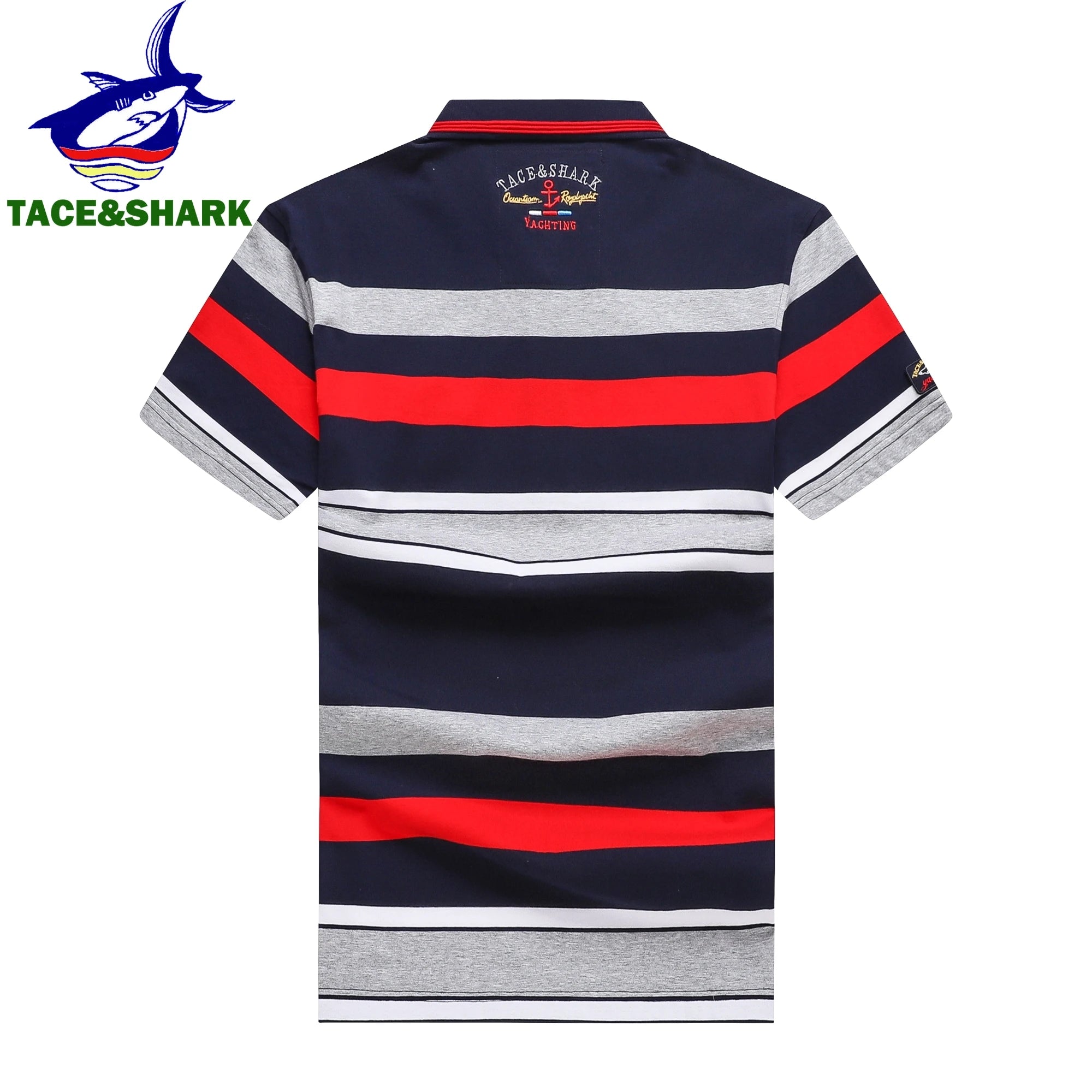 A short-sleeve striped polo shirt shown from the back, featuring navy blue, light gray, and red horizontal stripes. The brand name 'TACE&SHARK' is printed on the upper back collar, and a larger logo is visible in the top-left corner of the image.