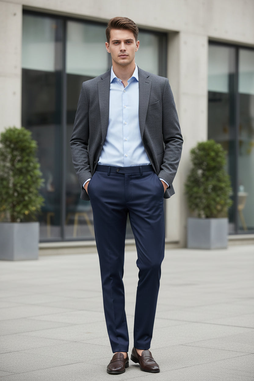Navy blue pants on a gray background