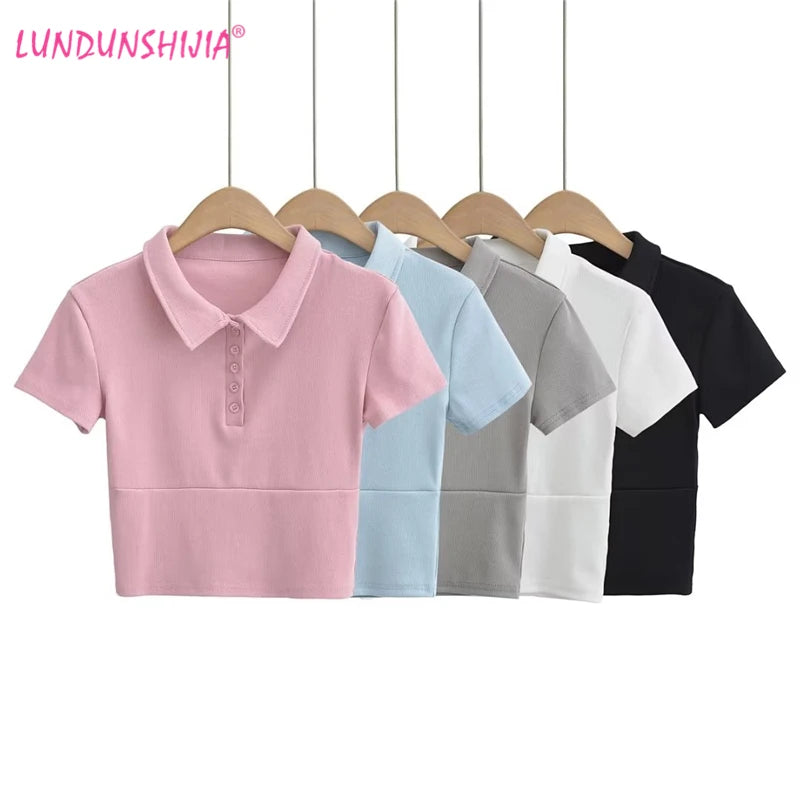 LUNDUNSHIJIA High Quality Plain Short T Shirt Women Cotton Elastic Basic Female T-shirt Slim POLO T-shirts For Women
