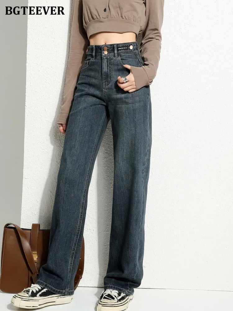BGTEEVER Vintage Double Buttons Straight Jeans Pants Women Spring Autumn High Waist Loose Pockets Female Wide Leg Denim Trousers