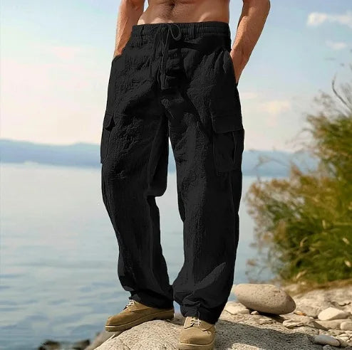 2026 New Amazon European and American men's linen solid color casual suit pants new fashion beach wide-leg trousers