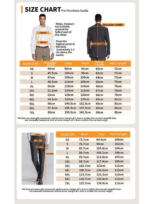 Size chart for clothing with measurements and illustrations of men wearing jackets and pants.