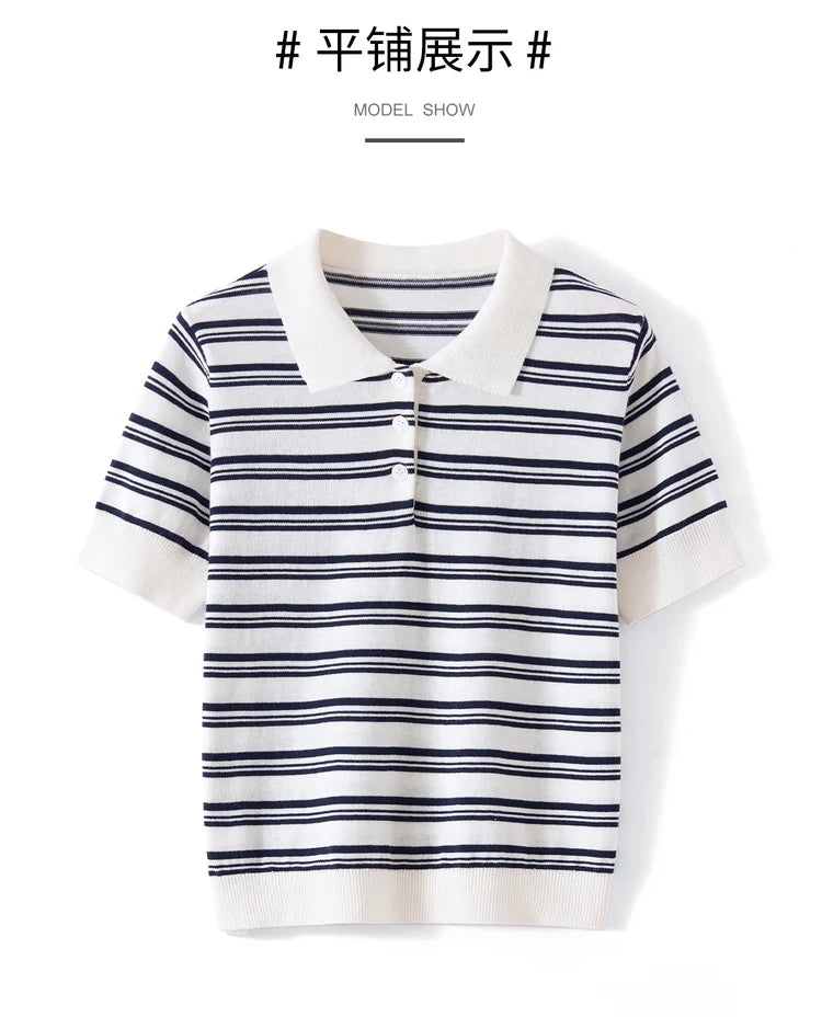 WinvyNee Summer Women's Pure Cotton Sweaters Polo T-Shirts White Half Sleeve Striped Tees Y2k Outerwears Pullover Tops ZA1523012