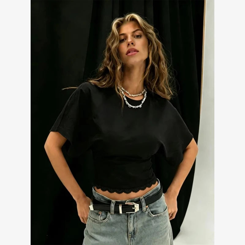 Versatile Regular-shoulder T-shirts Women Casual White Round Neck Irregular Hem Pleated Short Top Summer Lady Street Wear New