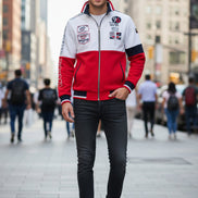 A men's colorblock zip-up jacket with a white upper chest, red lower body, and navy blue sleeve and collar accents.