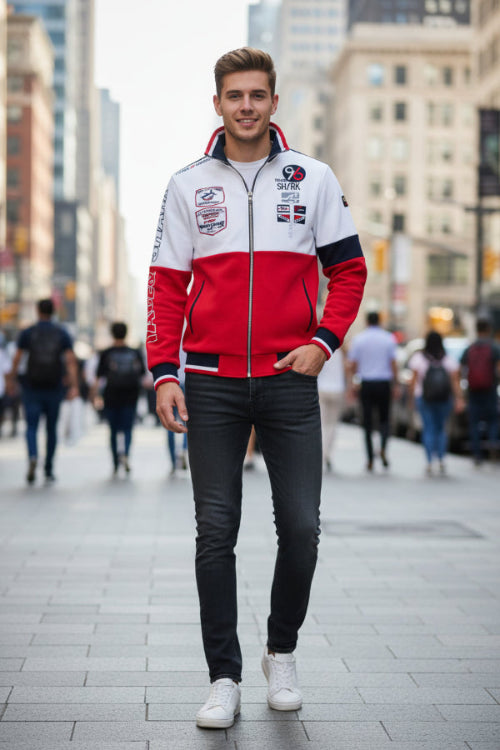 A men's colorblock zip-up jacket with a white upper chest, red lower body, and navy blue sleeve and collar accents.