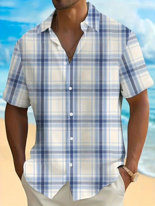 Person wearing a blue and white plaid shirt with a beach background