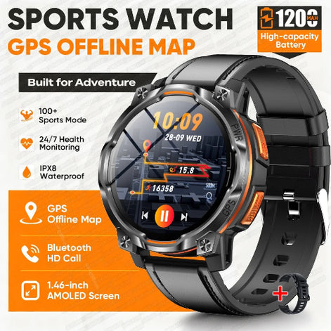 Black and orange sports watch with a round analog-digital face, shown on a white and orange promotional background with feature callouts including GPS offline map, 120+ high-capacity battery, 