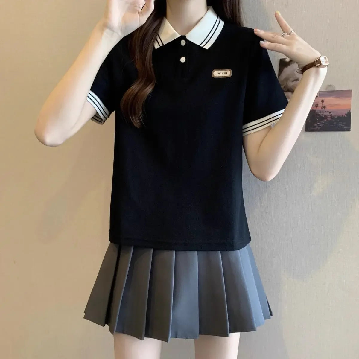 Baggy Female Tee Women's Polo Short Sleeve T-shirt Korean Clothing Youthful Elegant in Trend 2025 Sales Youth Aesthetic T-shirts