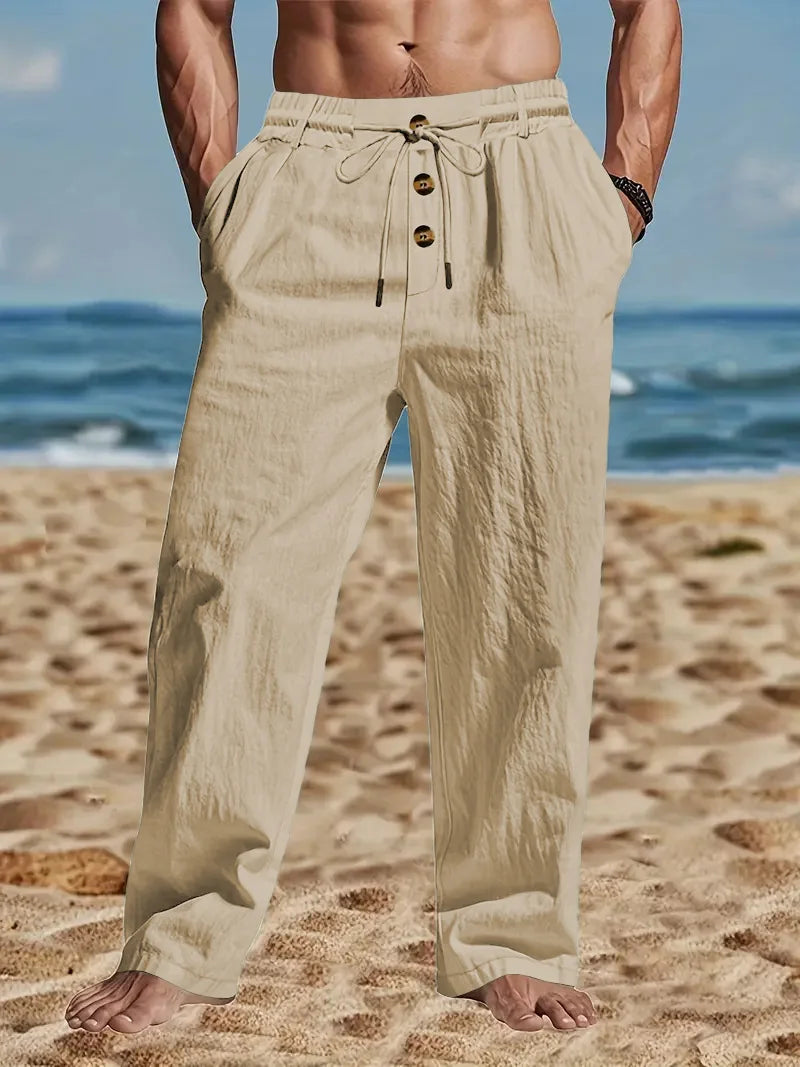 2026 New Amazon European and American men's linen solid color casual suit pants new fashion beach wide-leg trousers