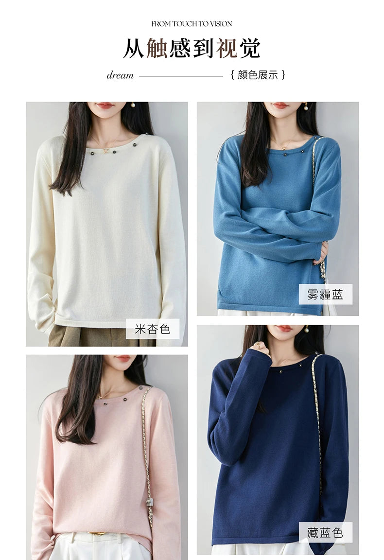High end fashion 100% pure cotton women's sweater casual knitted round neck pullover autumn and winter solid color women's top