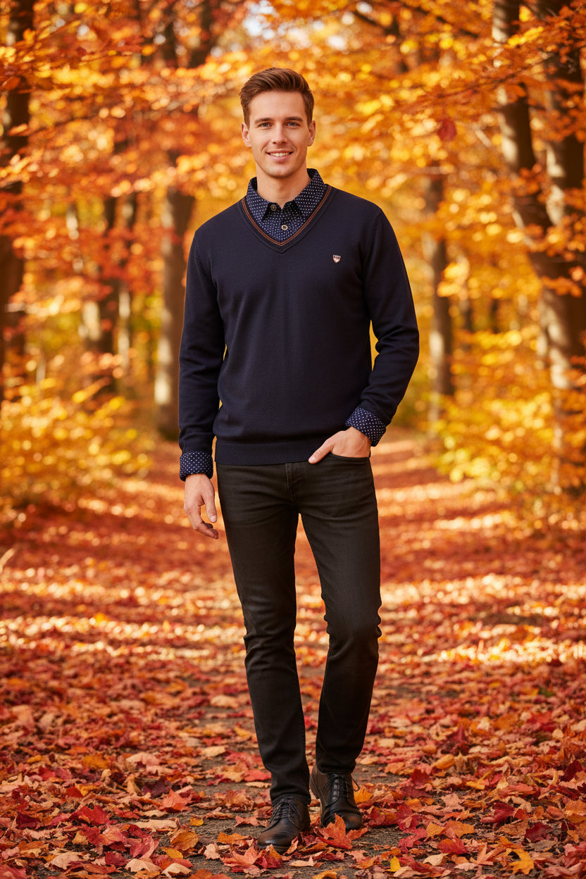 Black shirt with patterned collar on a snowy background