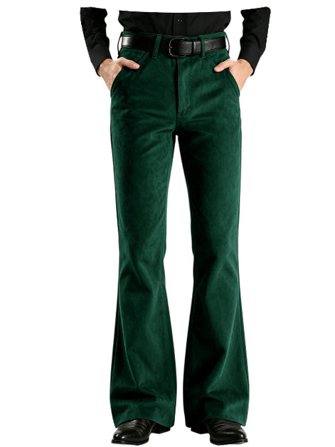 A pair of dark green flared trousers with a textured corduroy-like finish, styled with a black belt and black shoes, shown on a model 