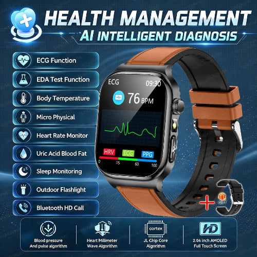 A smartwatch with a brown and black strap shown on a dark blue promotional graphic. The watch screen displays heart rate and ECG readings.