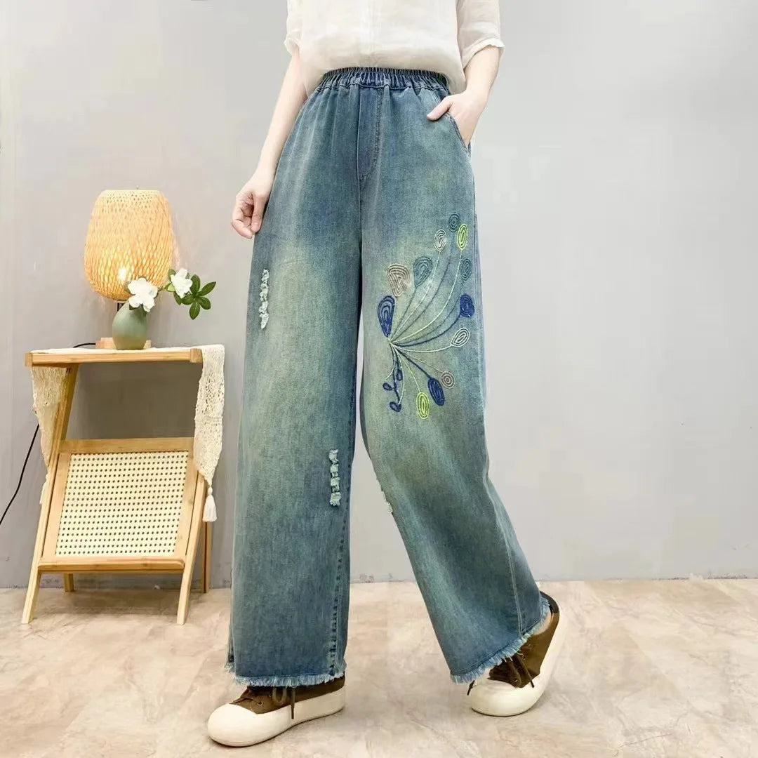 Spring Summer Ethnic Style Vintage Floral Embroidery Denim Wide Leg Pants Women High Elastic Waist Hole Casual Straight Jeans
