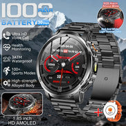 Smartwatch with metallic band and mountainous background, featuring various watch functions.