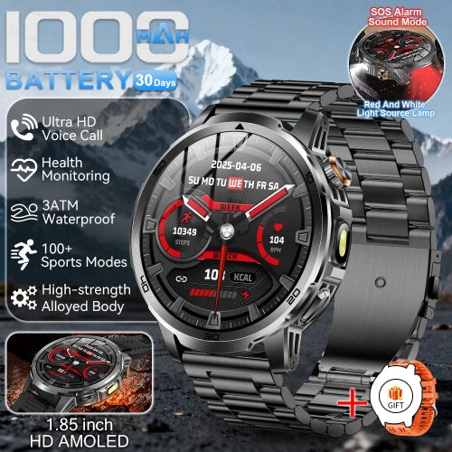 Smartwatch with metallic band and mountainous background, featuring various watch functions.
