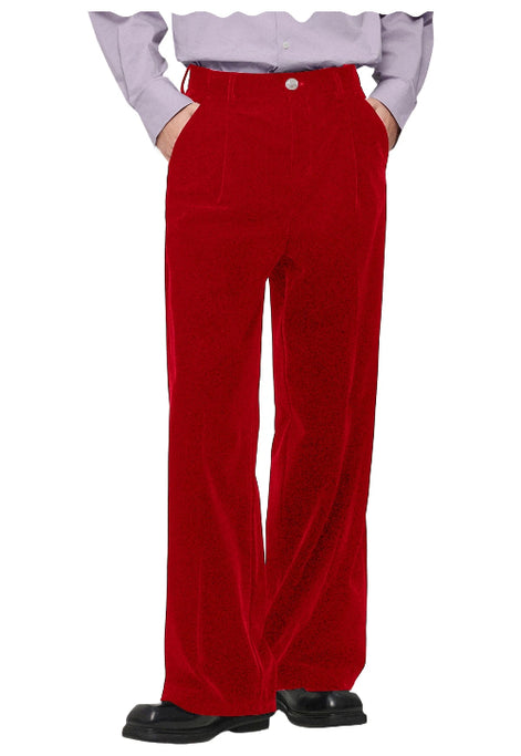 Red corduroy wide-leg trousers with a high waist and front button closure, shown on a model wearing a light purple ruffled top and black shoes against a white background.