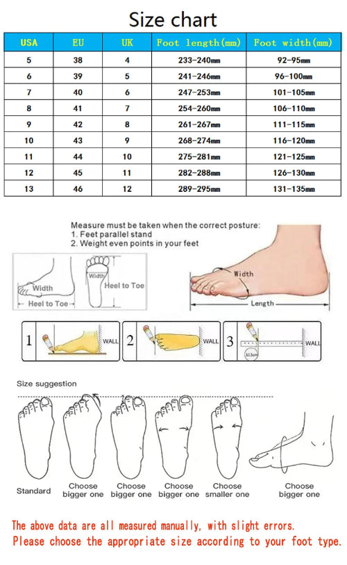 Foot size chart with measurements and foot diagrams