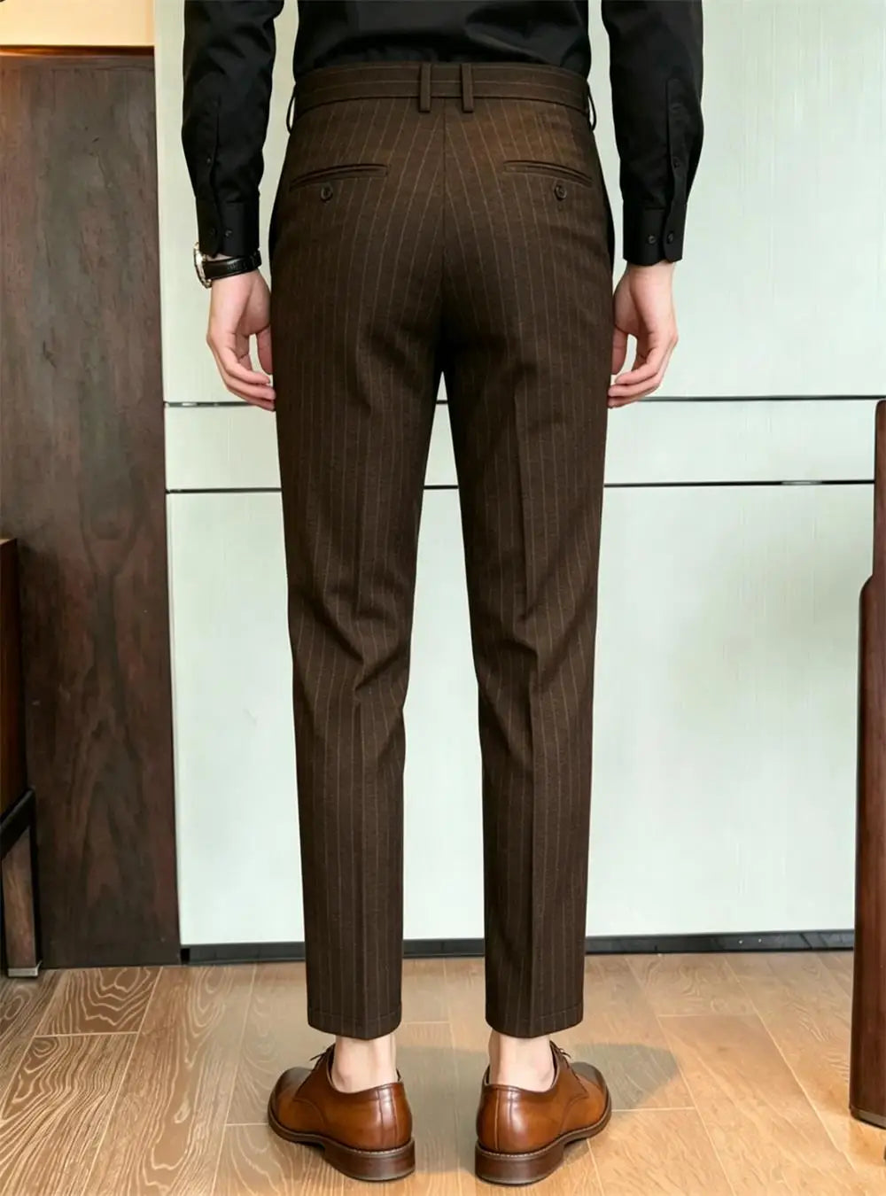 Pinstripe Pattern Suit Pants for Man Formal Dress Slim Fit Pants Elastic Waist Summer Thin Casual Trousers Male Business Wedding