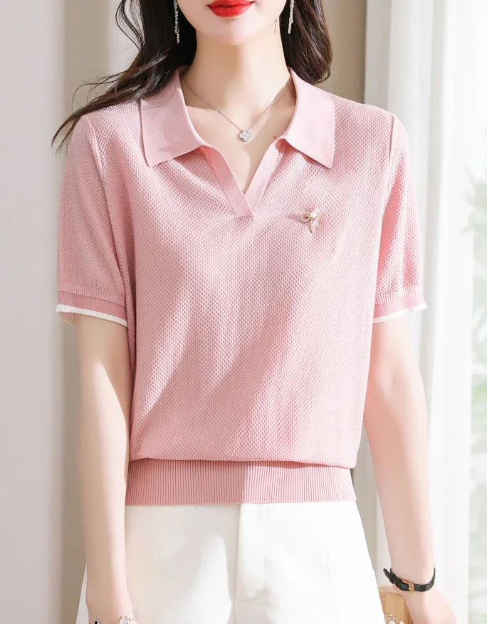 Female Tee Baggy Plain Knitted Cute T-shirts Kawaii Women's Polo Pulovers Offer Comfortable Summer 2025 with Collar New On
