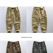 Cargo pants displayed flat in khaki, brown, and dark gray, including front and back views of the khaki pair showing flap pockets and stitched knee panels.