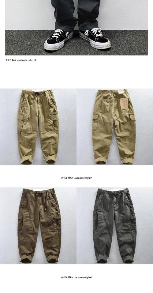 Cargo pants displayed flat in khaki, brown, and dark gray, including front and back views of the khaki pair showing flap pockets and stitched knee panels.