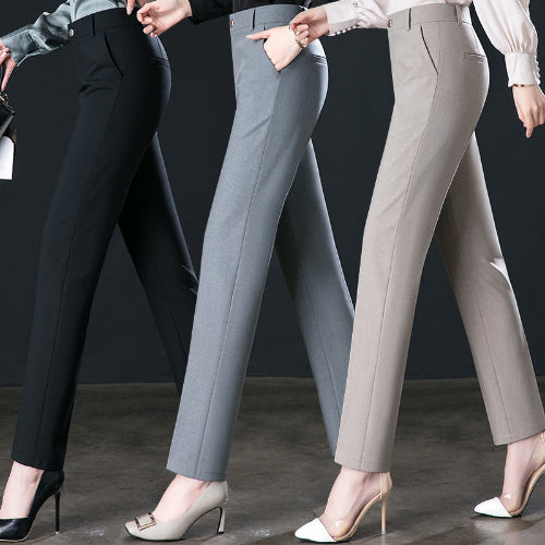 Three pairs of pants in black, gray, and beige worn by models against a dark background.