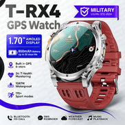 A T-RX4 GPS watch with a red silicone strap and silver stainless steel case, shown on a white background 