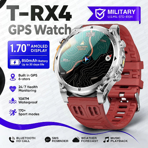A T-RX4 GPS watch with a red silicone strap and silver stainless steel case, shown on a white background 