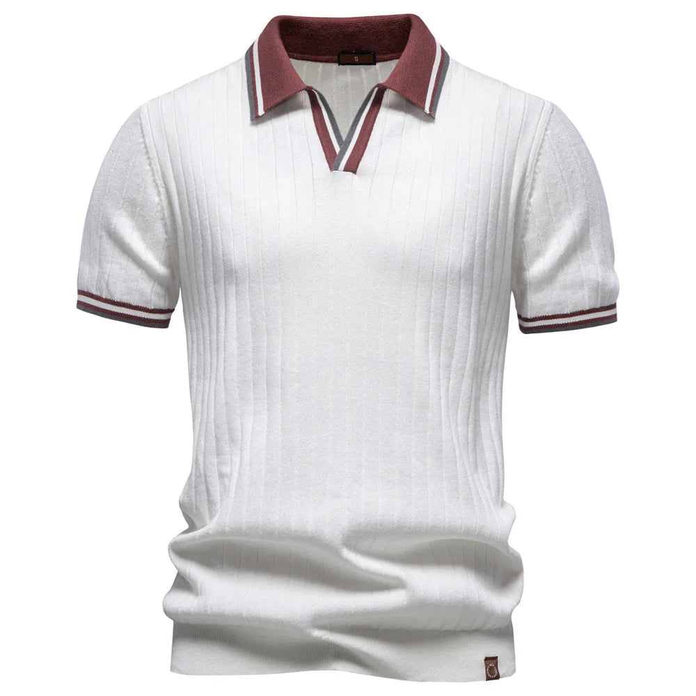 Men's Knitted Polo Shirt Summer Short Sleeve Striped Collar Casual Business Tops Brown With Striped Collar and Cuffs