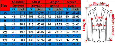 A size chart and measurement diagram for a men's blazer, showing size labels from XS to 4XL with corresponding chest, length, and sleeve measurements in both centimeters and inches, 
