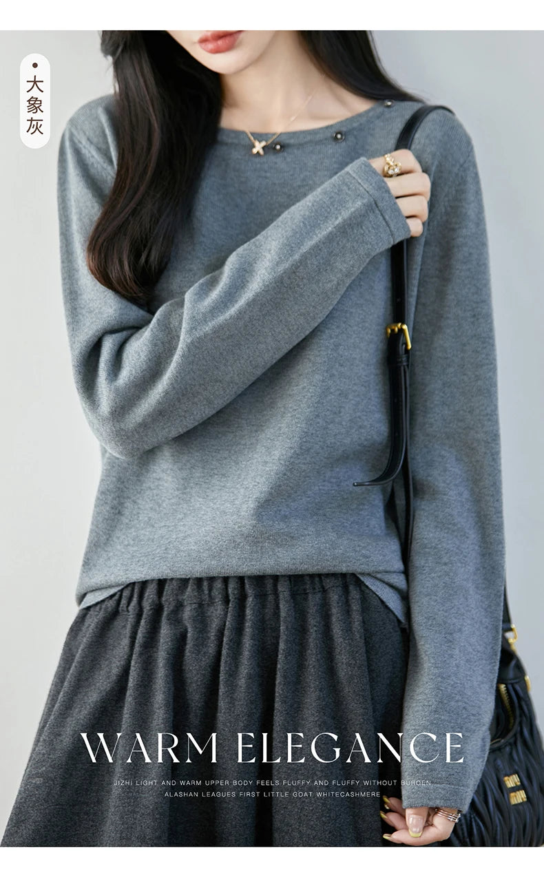 High end fashion 100% pure cotton women's sweater casual knitted round neck pullover autumn and winter solid color women's top