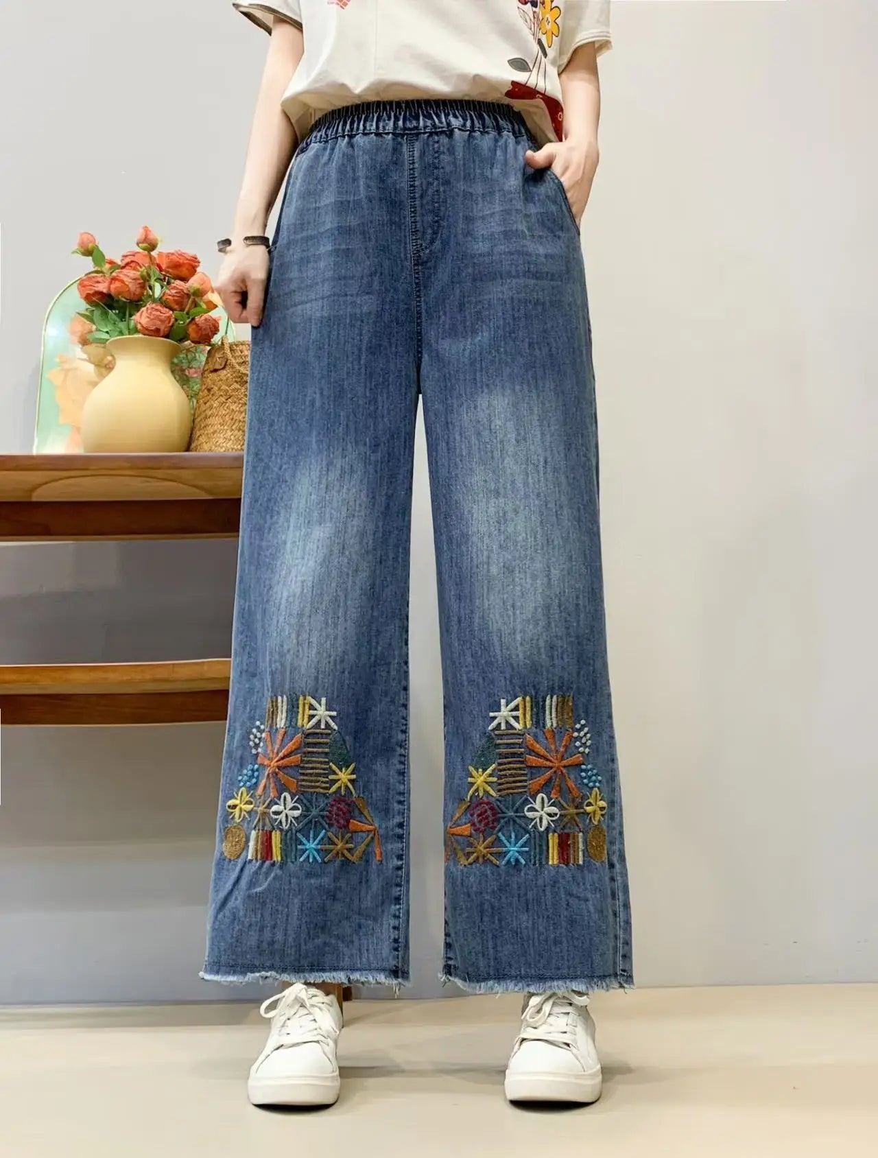 Spring Summer Ethnic Style Vintage Floral Embroidery Denim Wide Leg Pants Women High Elastic Waist Hole Casual Straight Jeans