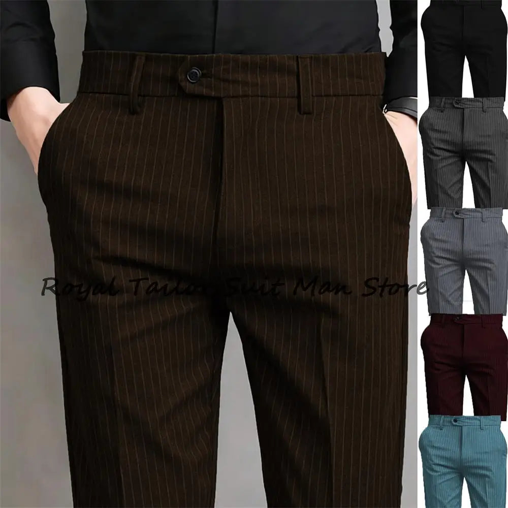 Pinstripe Pattern Suit Pants for Man Formal Dress Slim Fit Pants Elastic Waist Summer Thin Casual Trousers Male Business Wedding