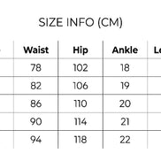 Size chart for indigo fatigue pants, showing waist, hip, ankle and length measurements in centimeters for sizes S–XXL.