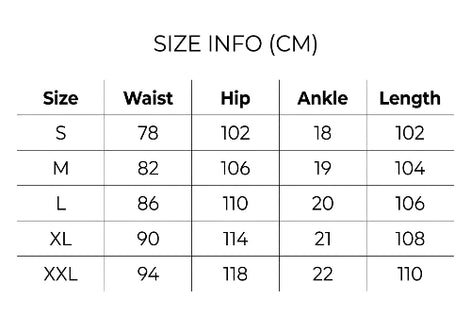 Size chart for indigo fatigue pants, showing waist, hip, ankle and length measurements in centimeters for sizes S–XXL.