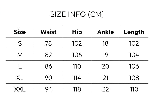 Size chart for indigo fatigue pants, showing waist, hip, ankle and length measurements in centimeters for sizes S–XXL.