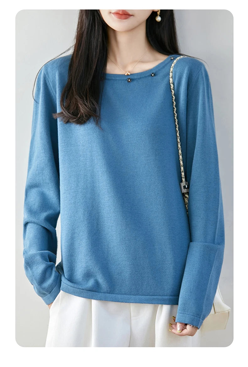 High end fashion 100% pure cotton women's sweater casual knitted round neck pullover autumn and winter solid color women's top