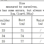 A size measurement chart table with columns for size, shoulder (cm), bust (cm), waist, and length (cm), showing S, M, and L measurements.