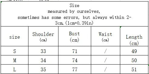 A size measurement chart table with columns for size, shoulder (cm), bust (cm), waist, and length (cm), showing S, M, and L measurements.