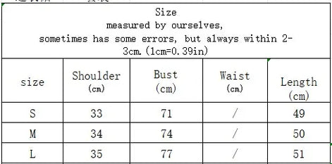 A size measurement chart table with columns for size, shoulder (cm), bust (cm), waist, and length (cm), showing S, M, and L measurements.