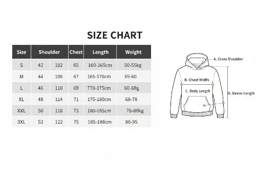Size chart for a garment with measurements in centimeters and kilograms.