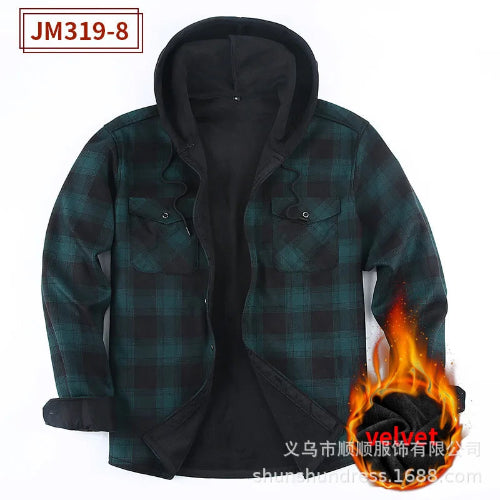 A hooded plaid flannel shirt jacket in dark green and black, shown open to reveal a black lining. 