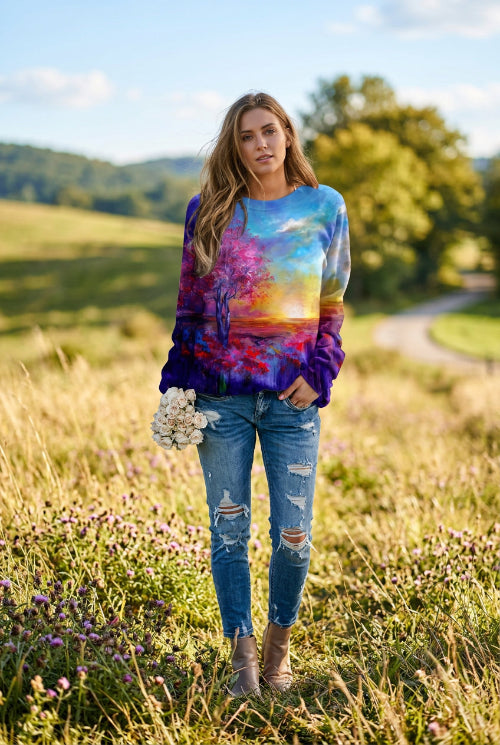 A woman wearing a long-sleeve crewneck sweatshirt with a vibrant, multicolored abstract landscape print featuring a tree, sunset, and sky. 
