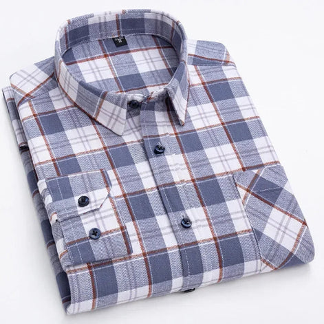 A folded long-sleeve plaid button-down shirt with a blue, white, and brown checkered pattern, displayed on a clean white background.