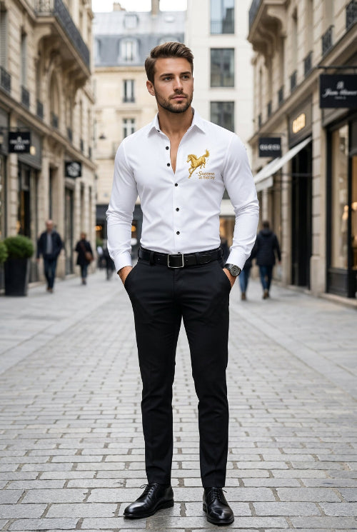 A man wearing a white long-sleeve button-up shirt with a gold embroidered horse and the words 'Success at first try' on the left 