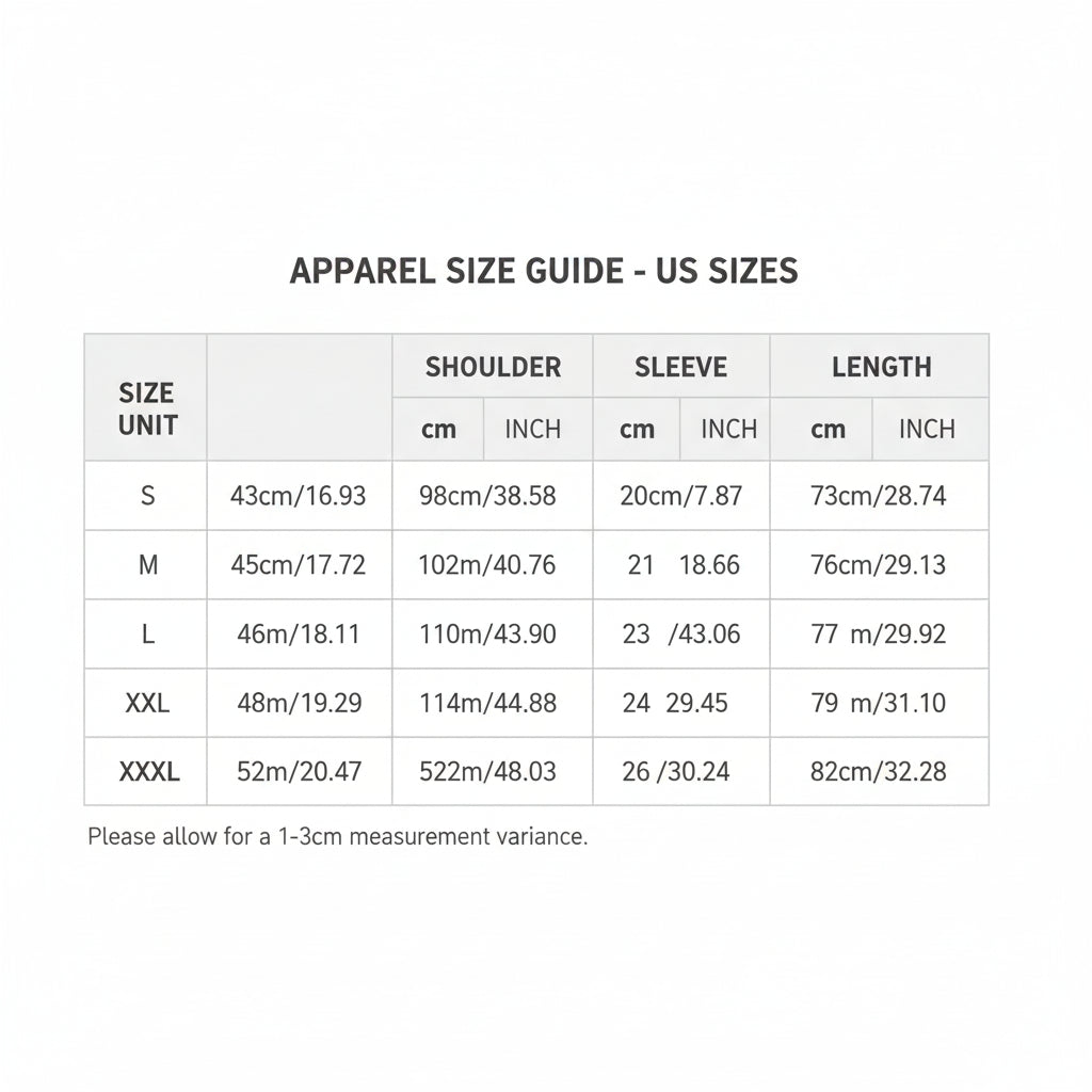 Size chart for clothing with measurements in centimeters and inches, including a warning about manual measurement errors.