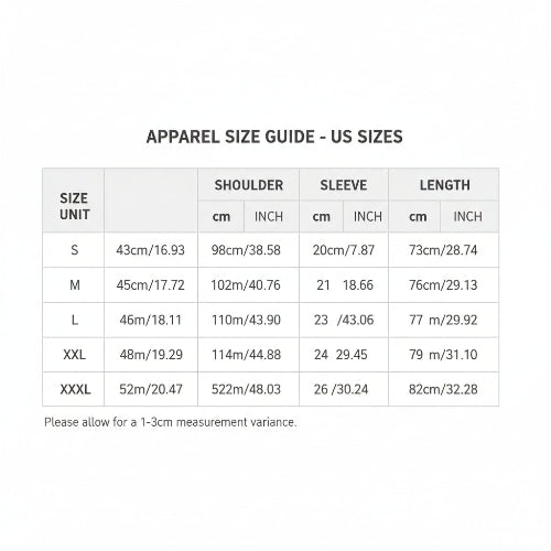 Size chart for clothing with measurements in centimeters and inches, including a warning about manual measurement errors.