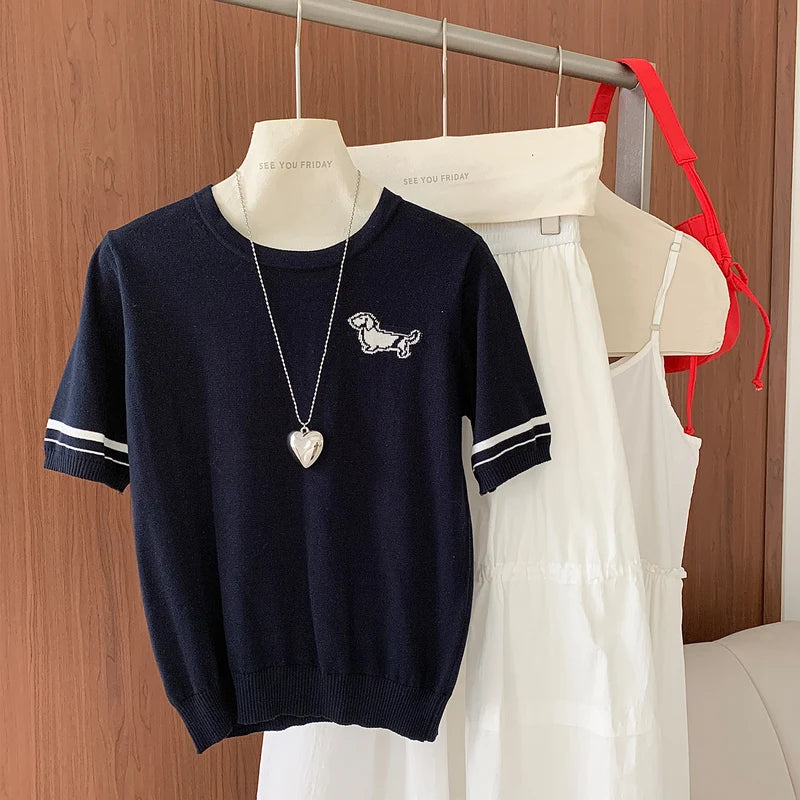 Summer 100% cotton women's T-shirt casual solid color knitted pullover short sleeved loose round neck Tees Pull embroidered Tops